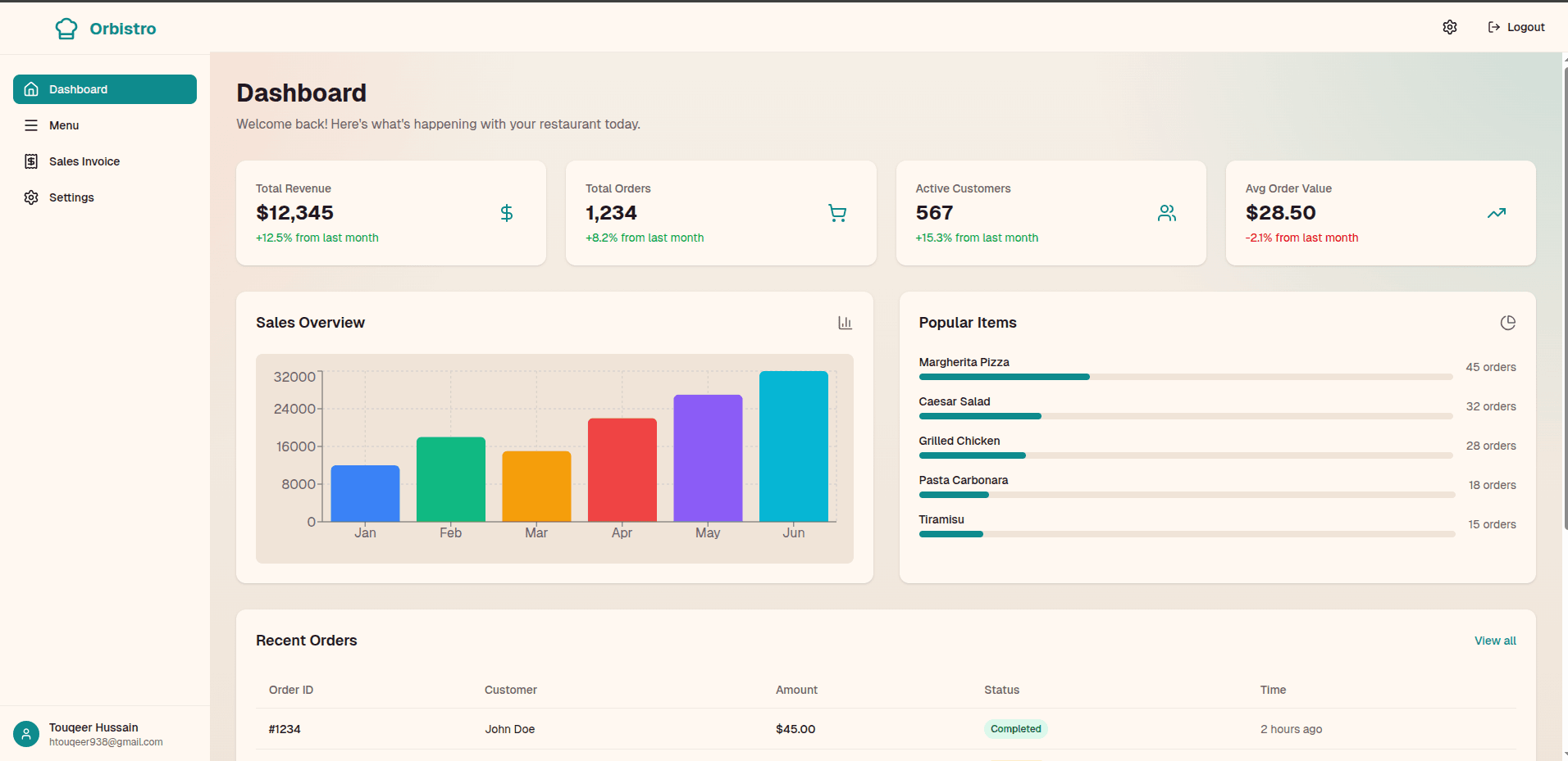 Orbistro restaurant management system interface with orders and billing